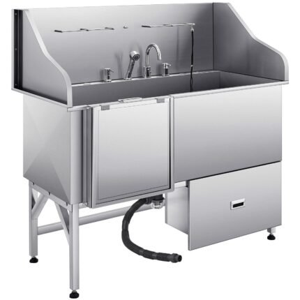 61" Stainless Steel Dog Grooming Bath Tub, Built-in Ramp & Water Filter, Left-Side Faucet Setup, DOBA-DT61L